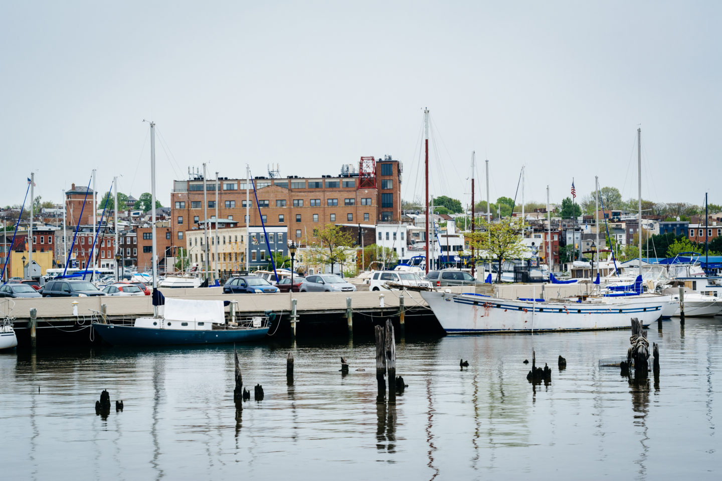 Boats and buildings on the waterfront in Fells Point, Baltimore,