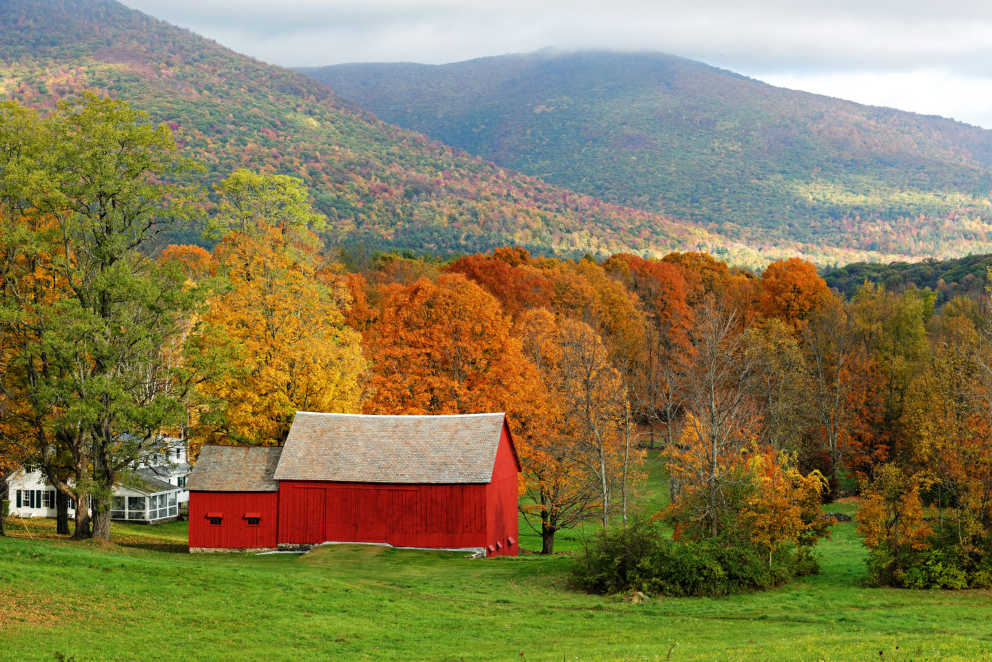 Red barn with fall foliage in Vermont